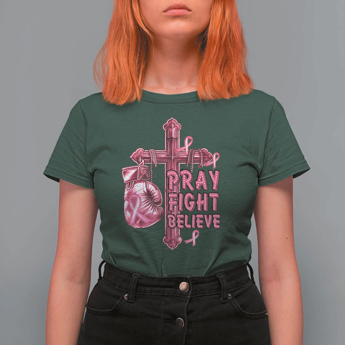 Breast Cancer Awareness T Shirt For Women Pray Fight Believe Boxing Glove Cross Pink Ribbon - Wonder Print Shop