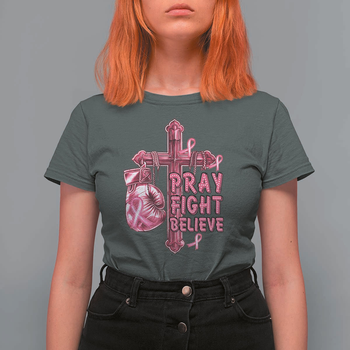 Breast Cancer Awareness T Shirt For Women Pray Fight Believe Boxing Glove Cross Pink Ribbon - Wonder Print Shop