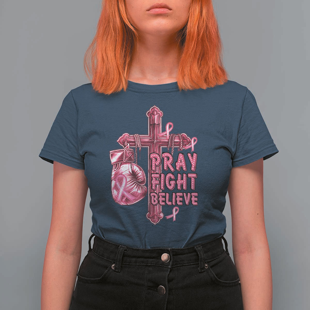 Breast Cancer Awareness T Shirt For Women Pray Fight Believe Boxing Glove Cross Pink Ribbon - Wonder Print Shop