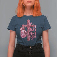 Breast Cancer Awareness T Shirt For Women Pray Fight Believe Boxing Glove Cross Pink Ribbon - Wonder Print Shop