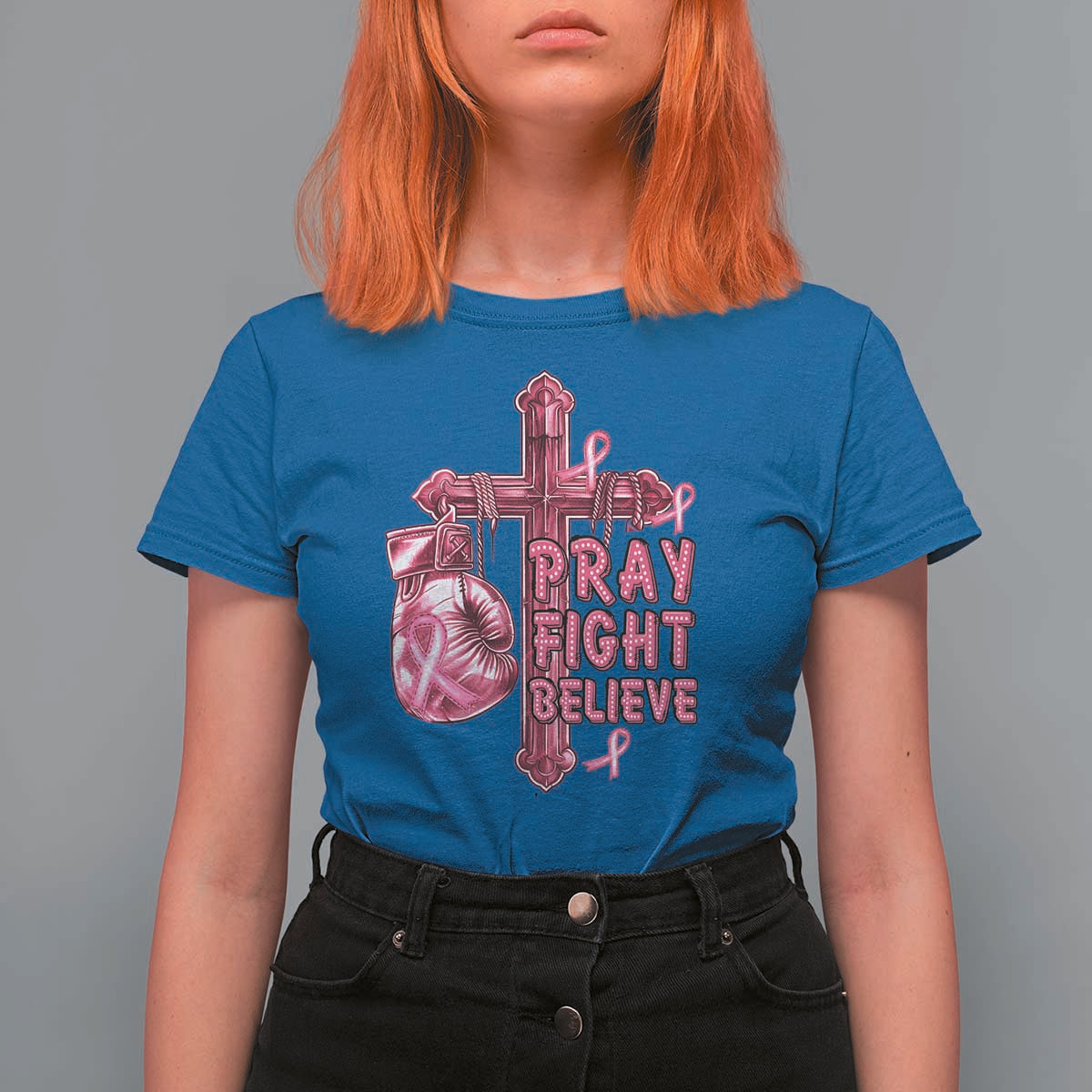Breast Cancer Awareness T Shirt For Women Pray Fight Believe Boxing Glove Cross Pink Ribbon - Wonder Print Shop
