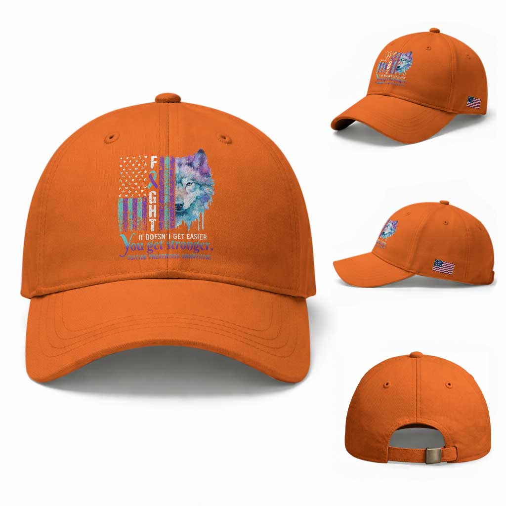 Suicide Prevention Awareness Baseball Cap Fight It Doesn't Get Easier You Get Stronger Wolf American Flag