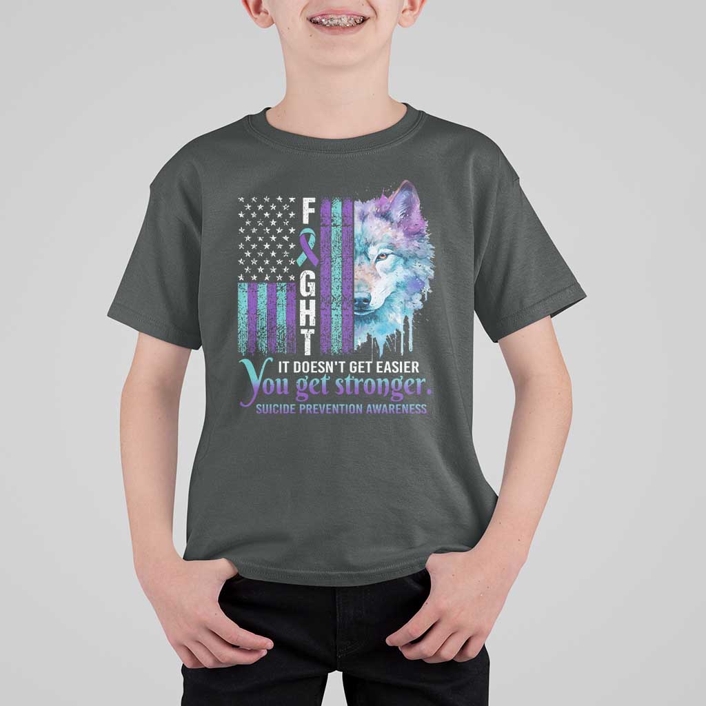 Suicide Prevention Awareness T Shirt For Kid Fight It Doesn't Get Easier You Get Stronger Wolf American Flag - Wonder Print Shop