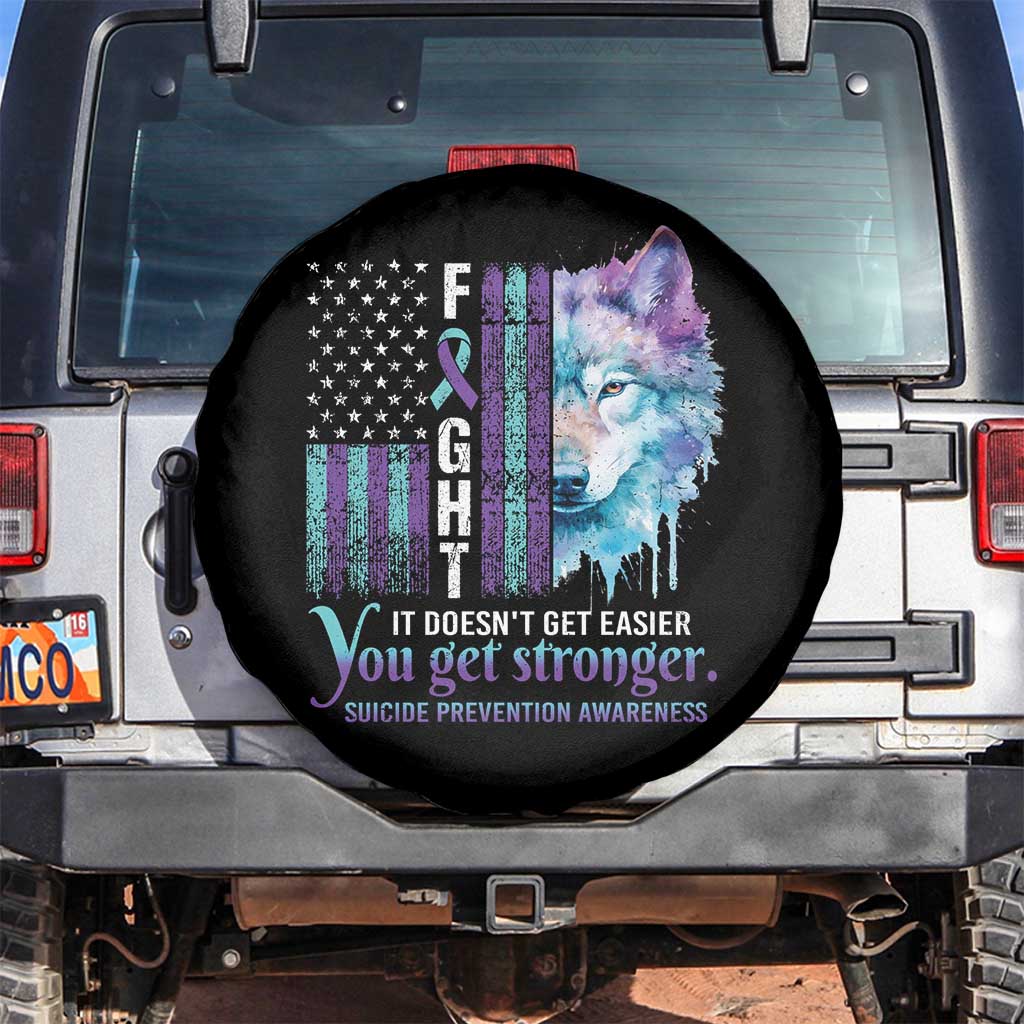 Suicide Prevention Awareness Spare Tire Cover Fight It Doesn't Get Easier You Get Stronger Wolf American Flag