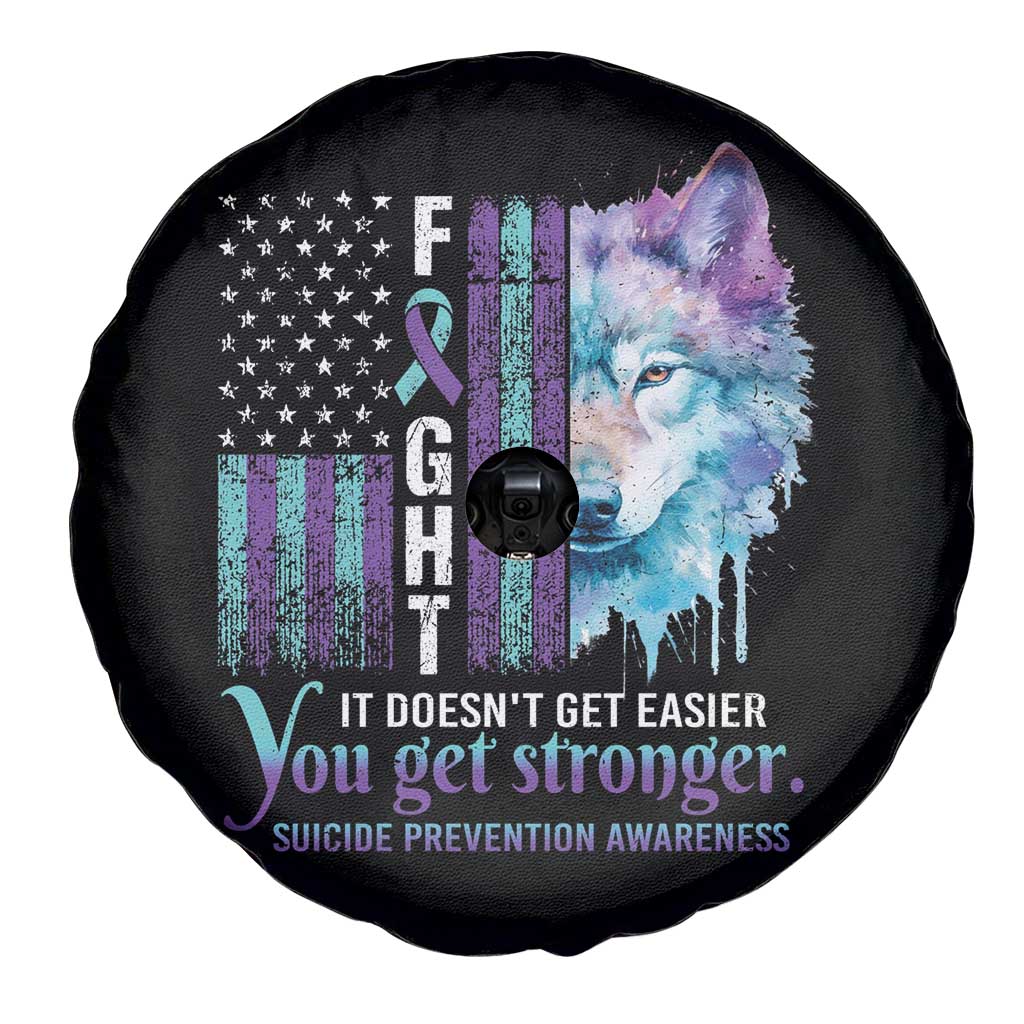 Suicide Prevention Awareness Spare Tire Cover Fight It Doesn't Get Easier You Get Stronger Wolf American Flag