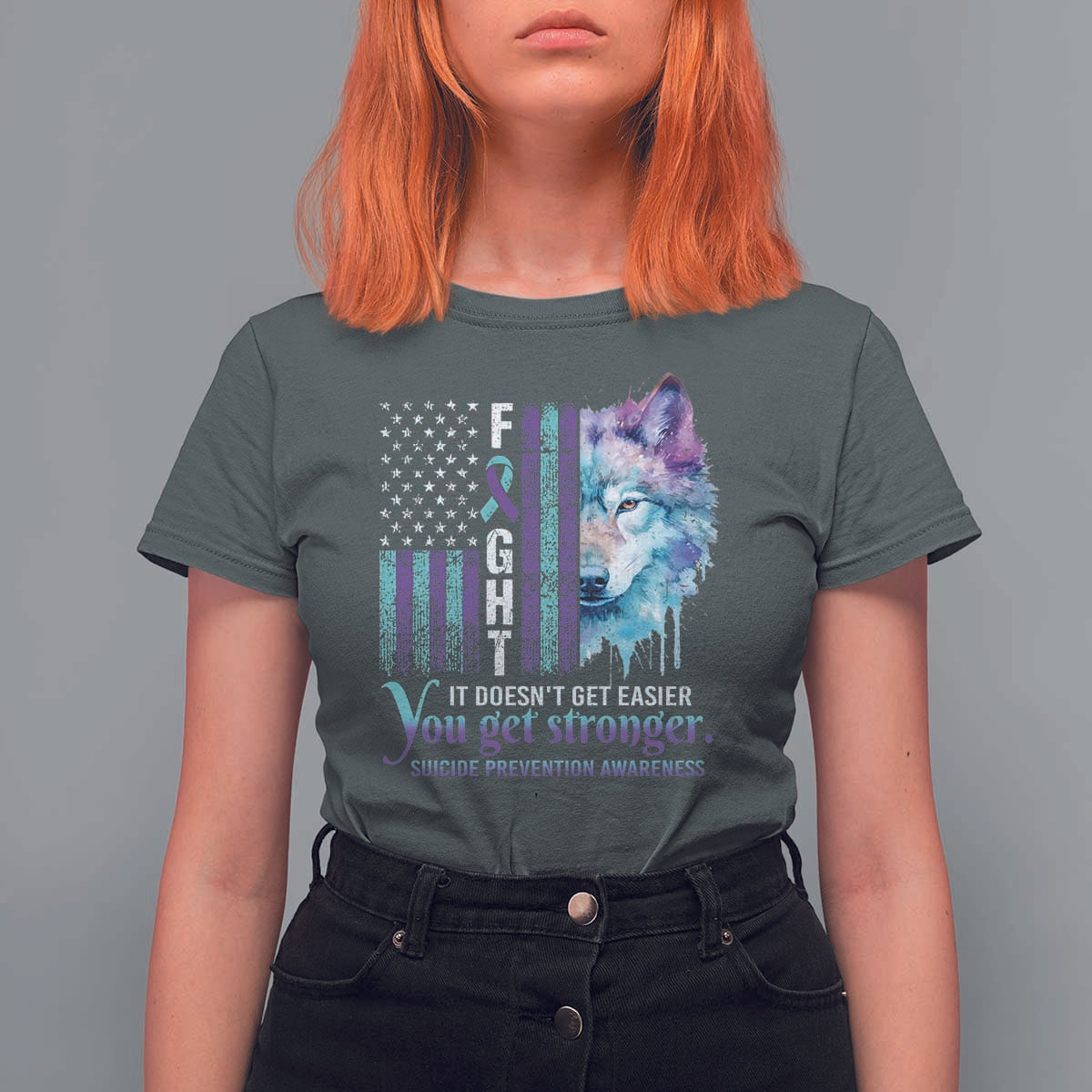 Suicide Prevention Awareness T Shirt For Women Fight It Doesn't Get Easier You Get Stronger Wolf American Flag - Wonder Print Shop