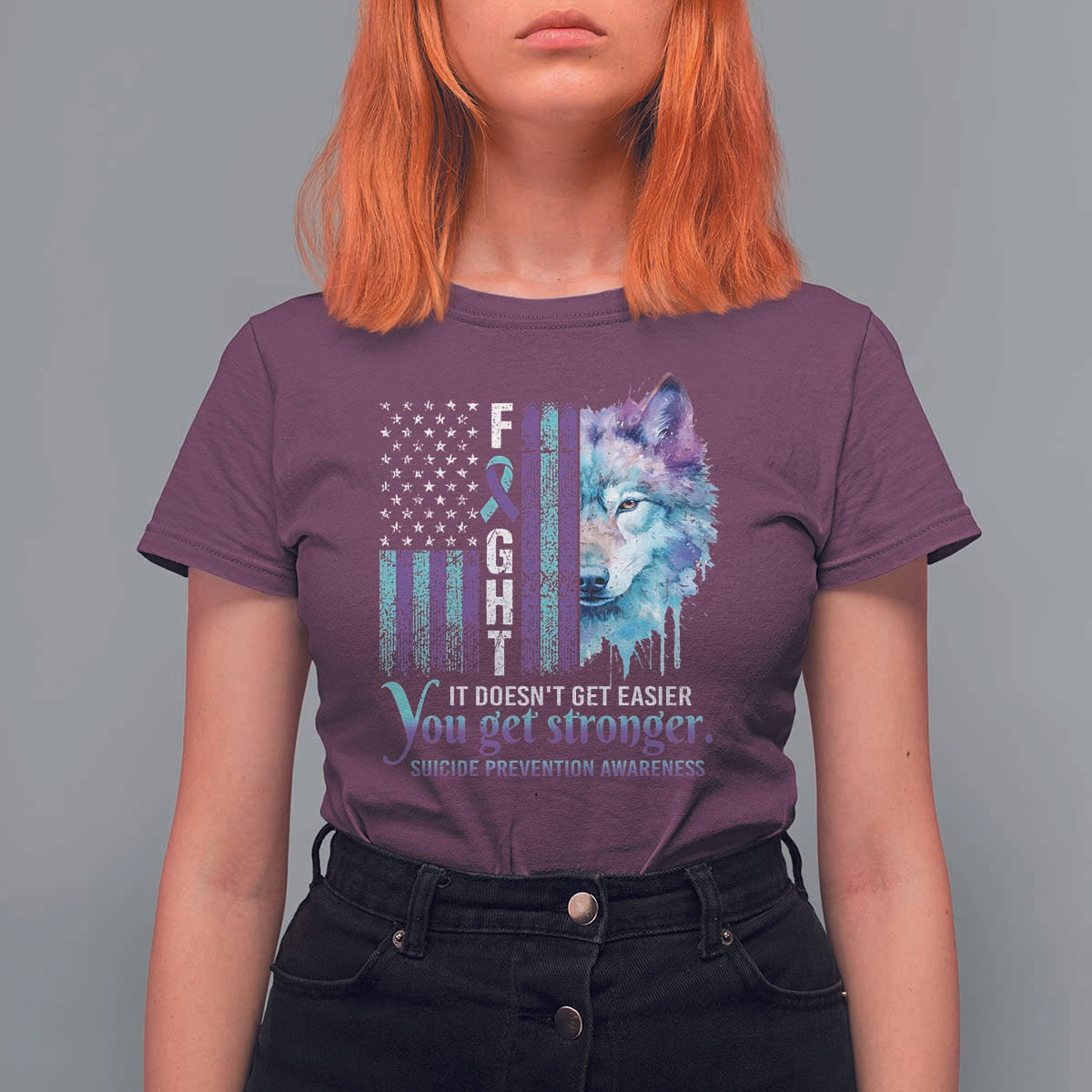 Suicide Prevention Awareness T Shirt For Women Fight It Doesn't Get Easier You Get Stronger Wolf American Flag - Wonder Print Shop