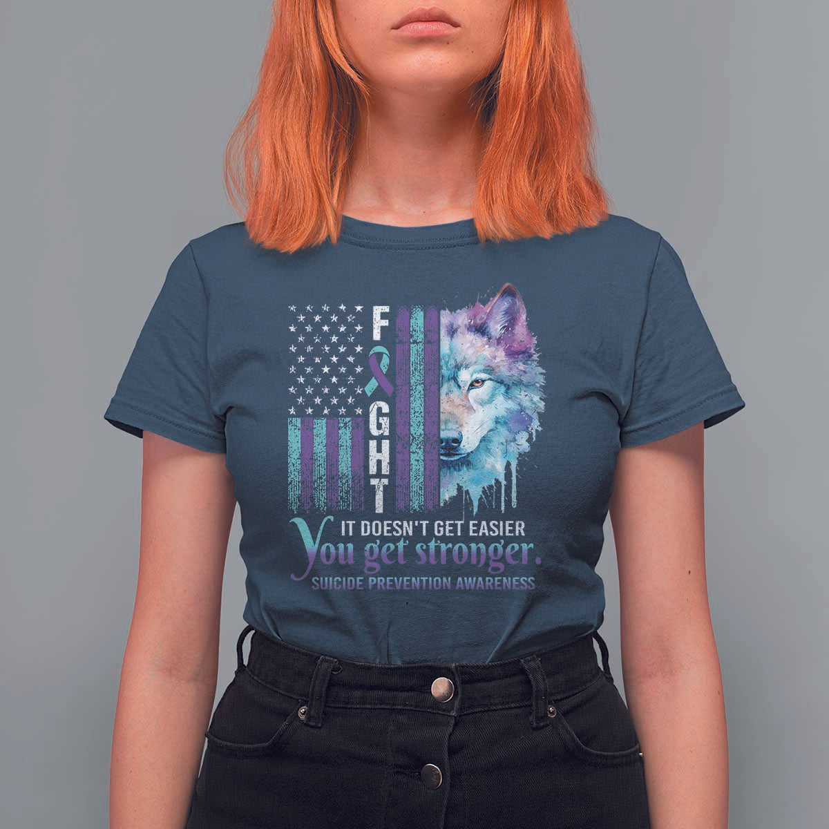 Suicide Prevention Awareness T Shirt For Women Fight It Doesn't Get Easier You Get Stronger Wolf American Flag - Wonder Print Shop