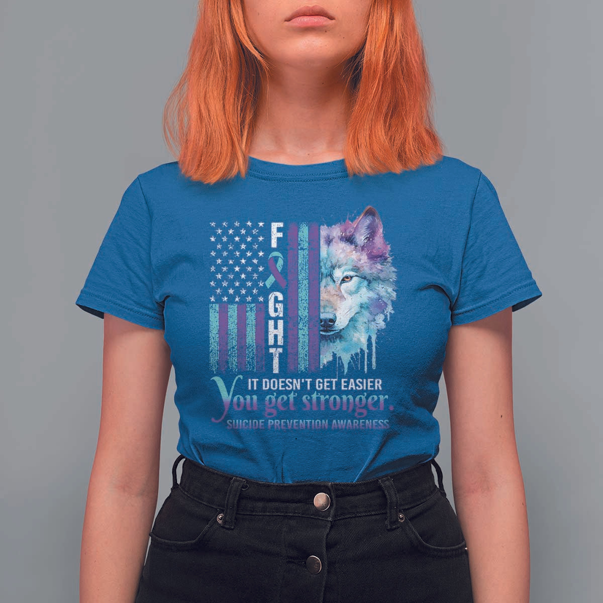 Suicide Prevention Awareness T Shirt For Women Fight It Doesn't Get Easier You Get Stronger Wolf American Flag - Wonder Print Shop