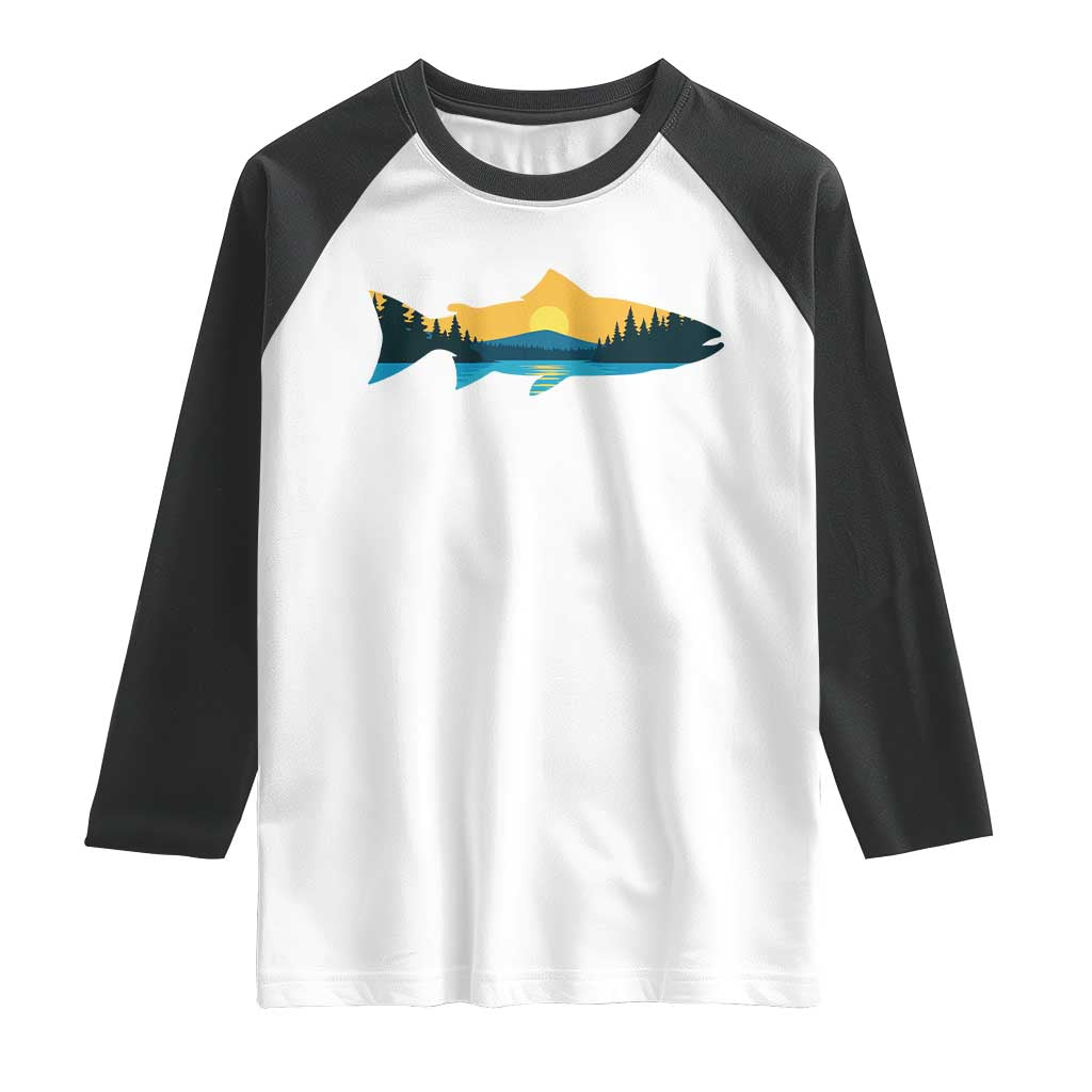 Trout Fly Fishing Outdoor Forest Mountain Nature Wildlife Fisherman Raglan Shirt - Wonder Print Shop