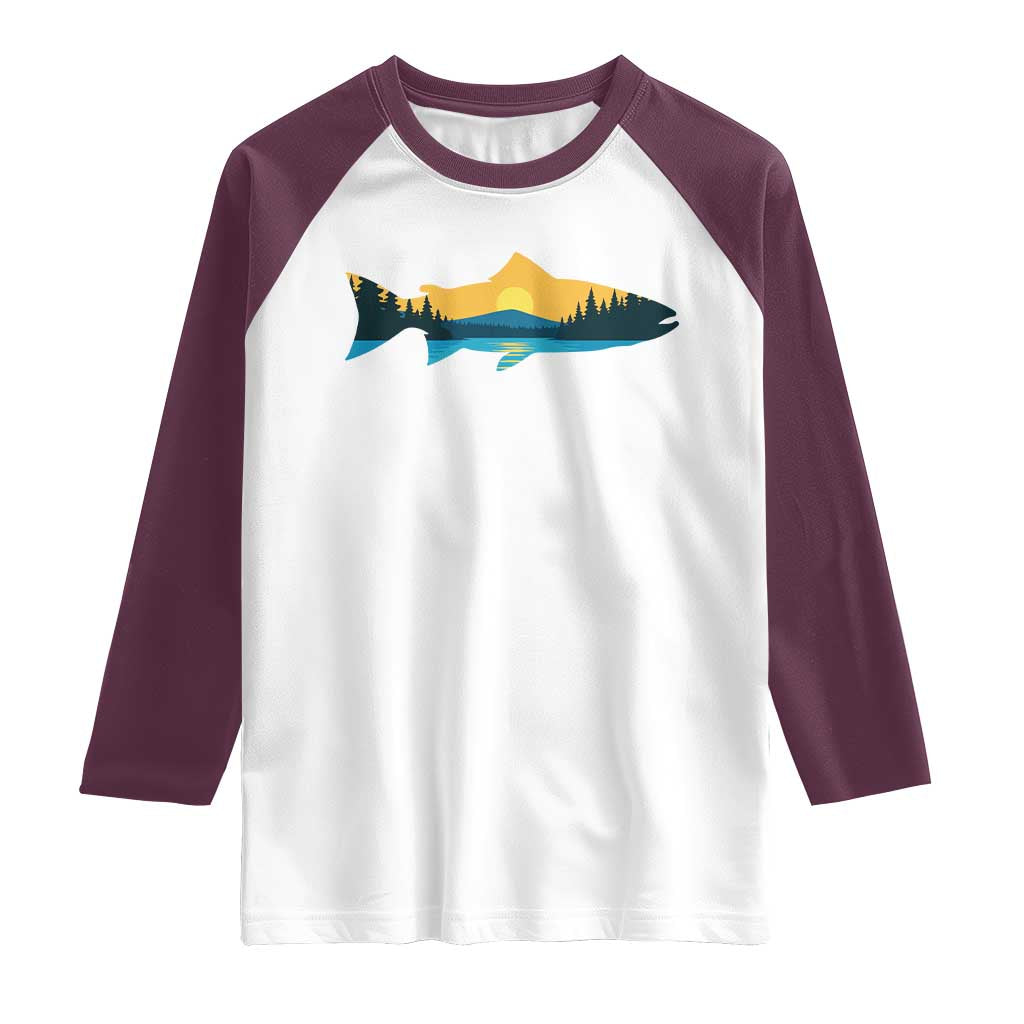 Trout Fly Fishing Outdoor Forest Mountain Nature Wildlife Fisherman Raglan Shirt - Wonder Print Shop