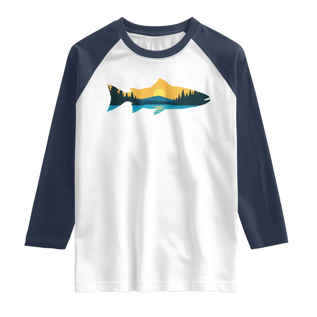 Trout Fly Fishing Outdoor Forest Mountain Nature Wildlife Fisherman Raglan Shirt - Wonder Print Shop