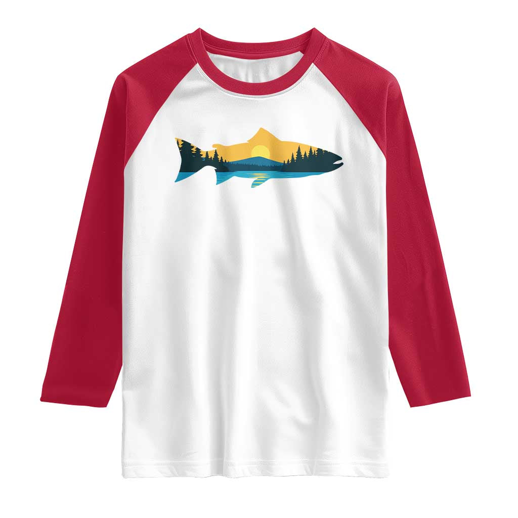 Trout Fly Fishing Outdoor Forest Mountain Nature Wildlife Fisherman Raglan Shirt - Wonder Print Shop