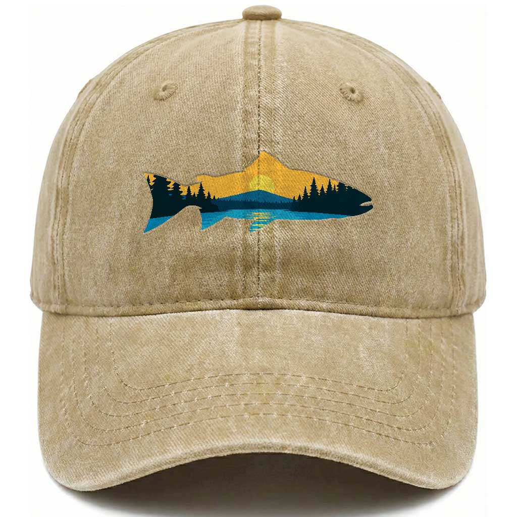 Trout Fly Fishing Outdoor Forest Mountain Nature Wildlife Fisherman Washed Cotton Baseball Cap