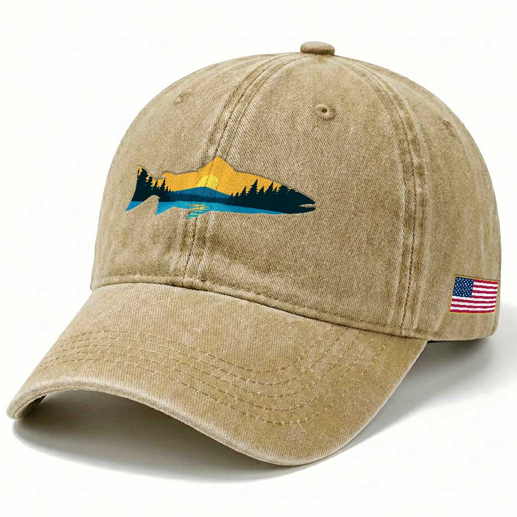 Trout Fly Fishing Outdoor Forest Mountain Nature Wildlife Fisherman Washed Cotton Baseball Cap