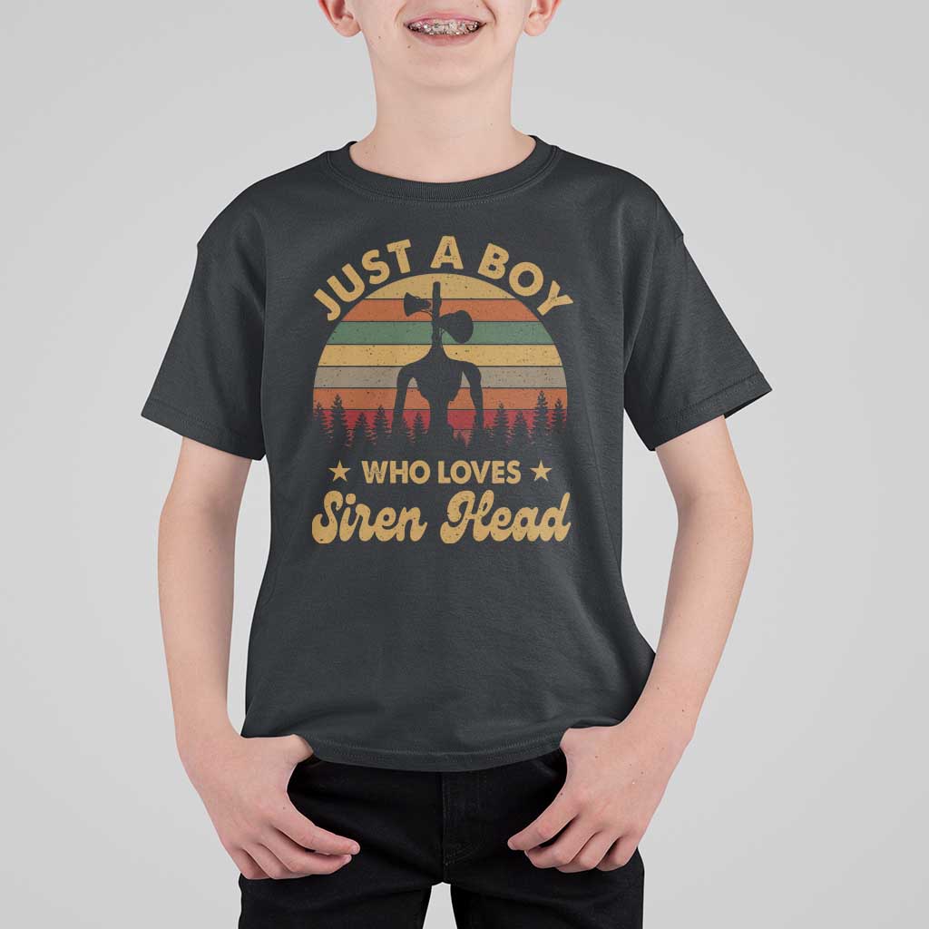 Funny Just A Boy Who Loves Siren Head T Shirt For Kid Supernatural Cryptid Retro Monster - Wonder Print Shop