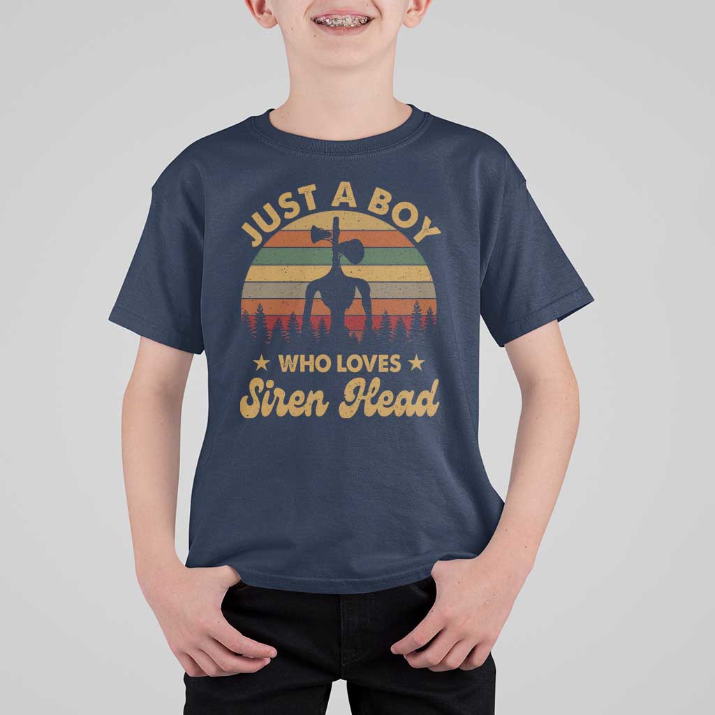 Funny Just A Boy Who Loves Siren Head T Shirt For Kid Supernatural Cryptid Retro Monster - Wonder Print Shop