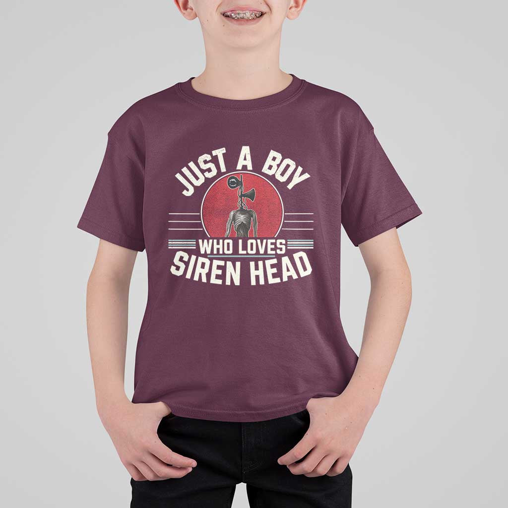 Funny Just A Boy Who Loves Siren Head T Shirt For Kid Supernatural Cryptid Monster - Wonder Print Shop