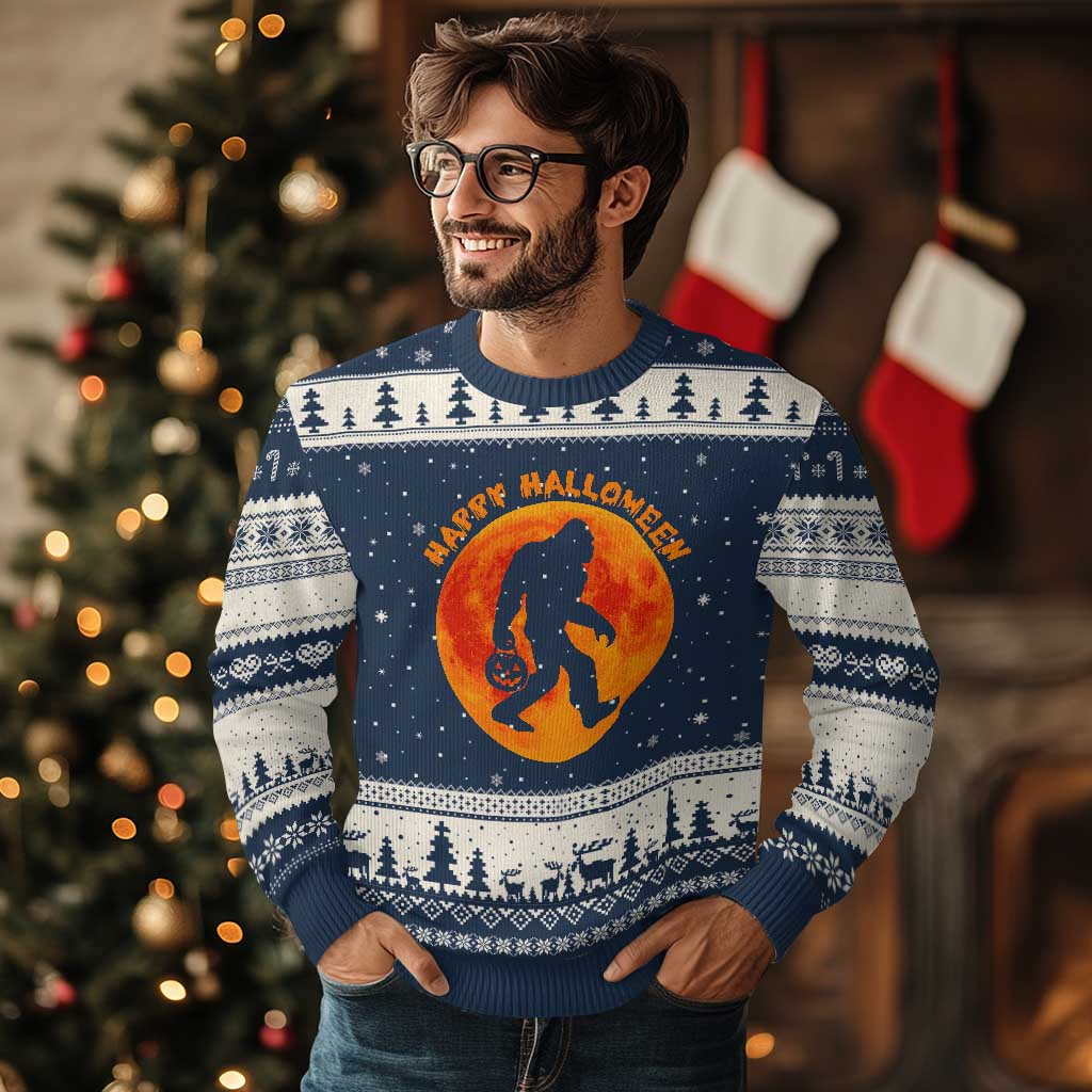 Funny Halloween Bigfoot Ugly Christmas Sweater Sasquatch Full Moon Jack O Lantern - Wonder Print Shop