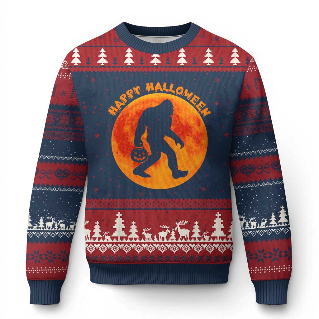 Funny Halloween Bigfoot Ugly Christmas Sweater Sasquatch Full Moon Jack O Lantern - Wonder Print Shop