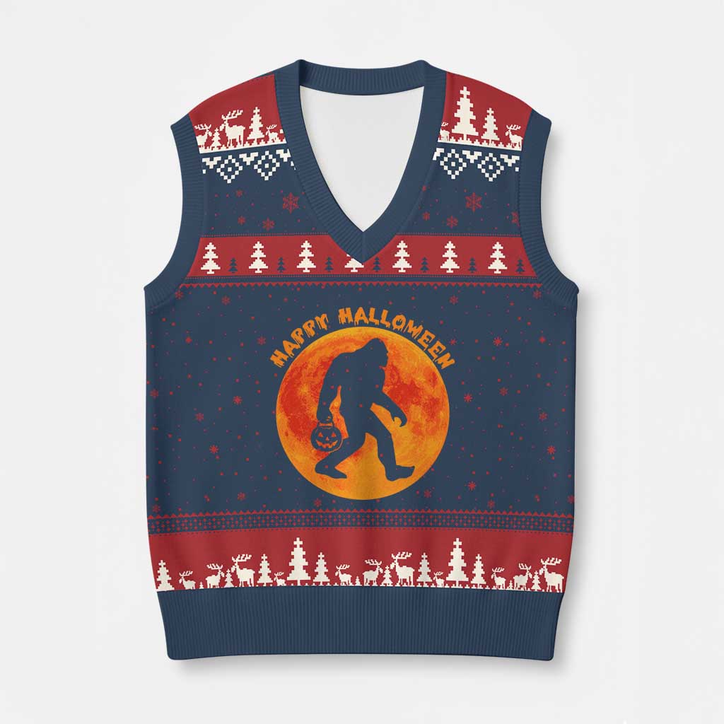 Funny Halloween Bigfoot V-Neck Knit Sweater Vest Sasquatch Full Moon Jack O Lantern - Wonder Print Shop