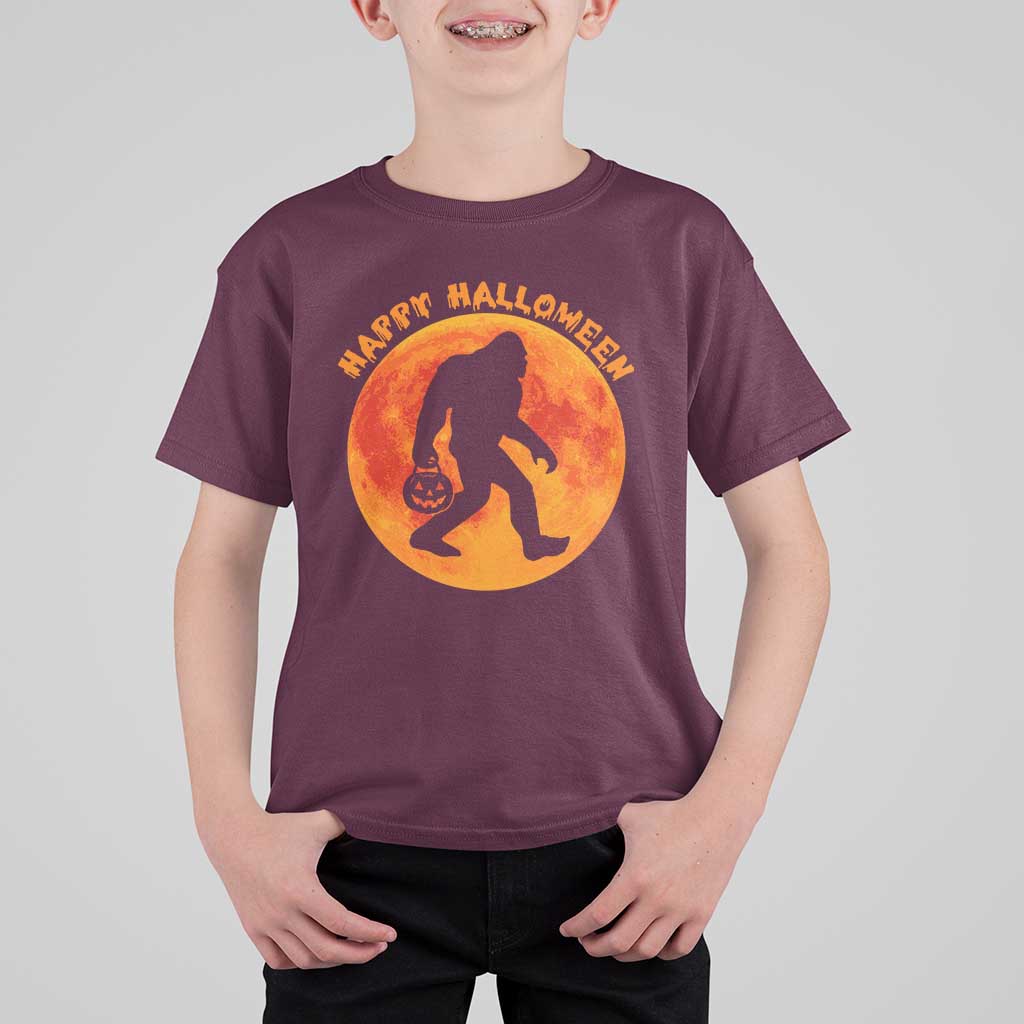 Funny Halloween Bigfoot T Shirt For Kid Sasquatch Full Moon Jack O Lantern - Wonder Print Shop