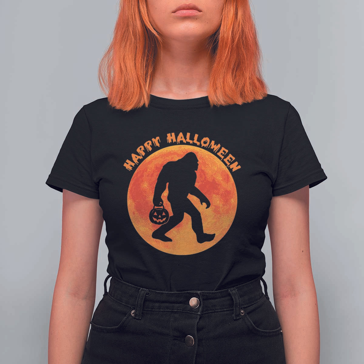 Funny Halloween Bigfoot T Shirt For Women Sasquatch Full Moon Jack O Lantern - Wonder Print Shop