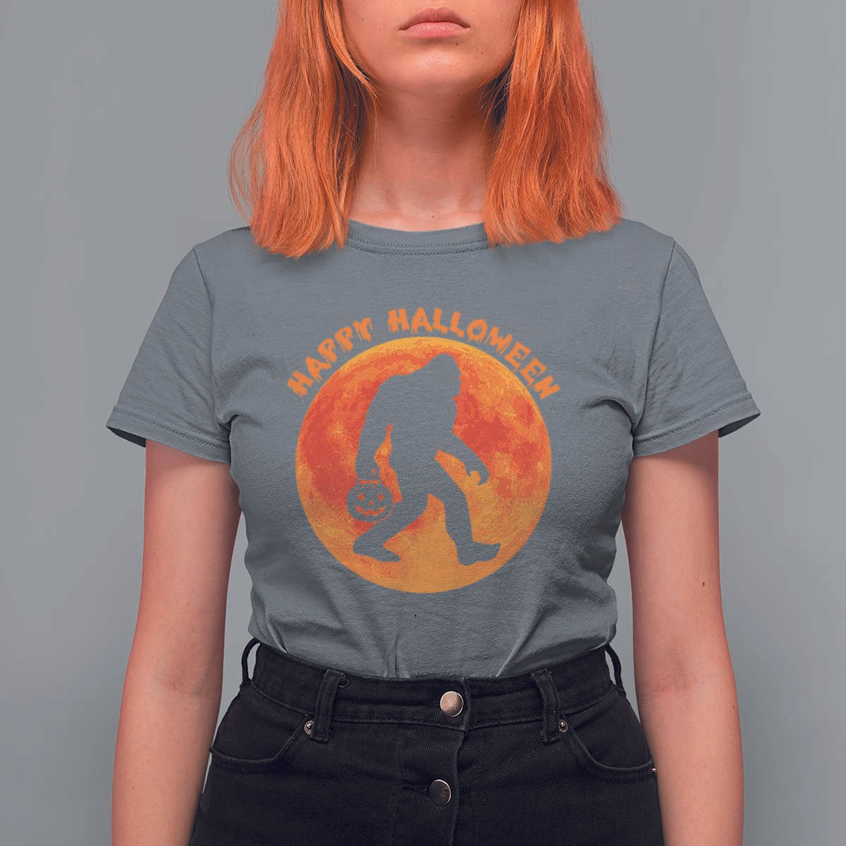 Funny Halloween Bigfoot T Shirt For Women Sasquatch Full Moon Jack O Lantern - Wonder Print Shop