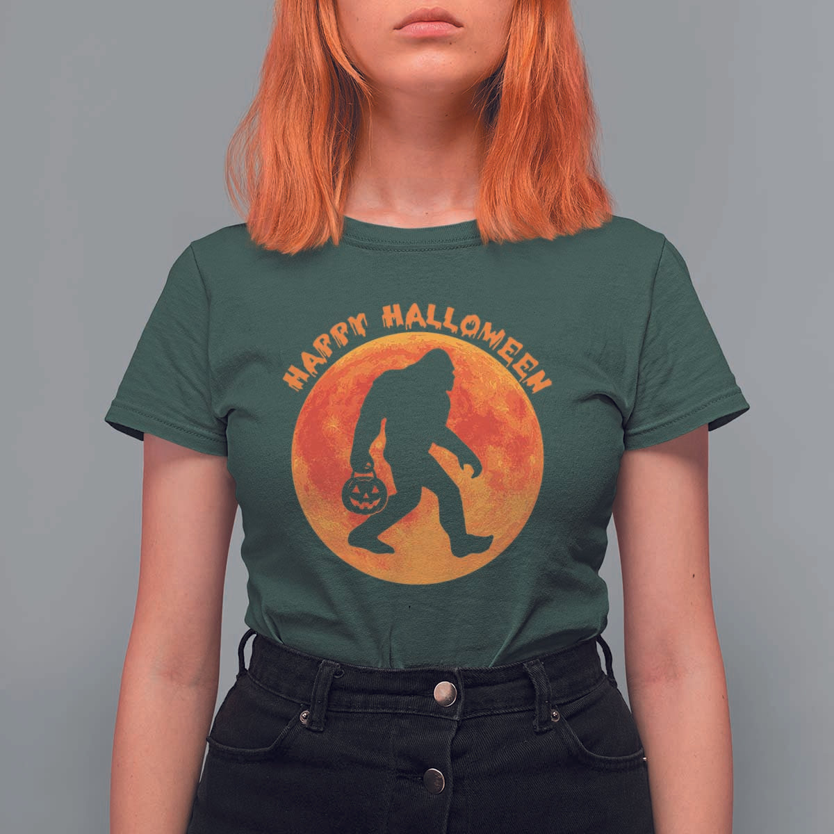 Funny Halloween Bigfoot T Shirt For Women Sasquatch Full Moon Jack O Lantern - Wonder Print Shop