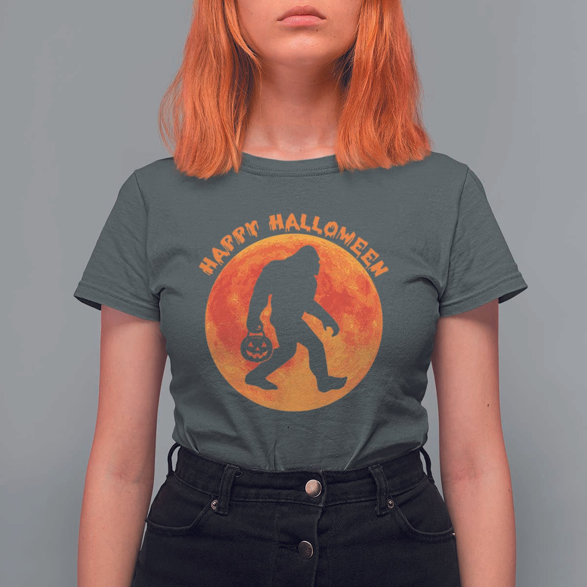 Funny Halloween Bigfoot T Shirt For Women Sasquatch Full Moon Jack O Lantern - Wonder Print Shop