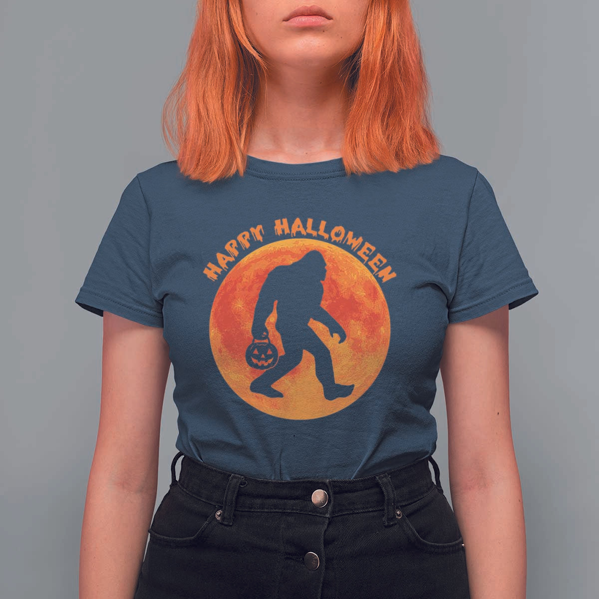 Funny Halloween Bigfoot T Shirt For Women Sasquatch Full Moon Jack O Lantern - Wonder Print Shop