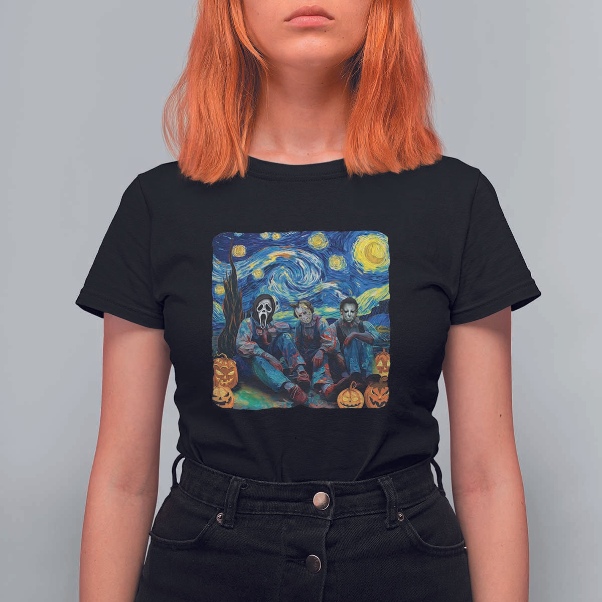 Halloween T Shirt For Women Scary Murderers Starry Night Pumpkin Vincent Van Gogh - Wonder Print Shop