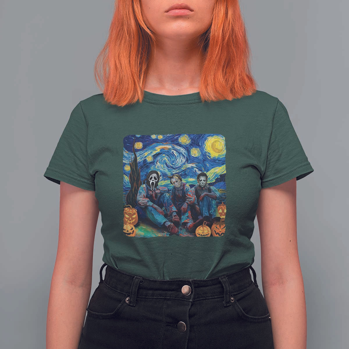 Halloween T Shirt For Women Scary Murderers Starry Night Pumpkin Vincent Van Gogh - Wonder Print Shop