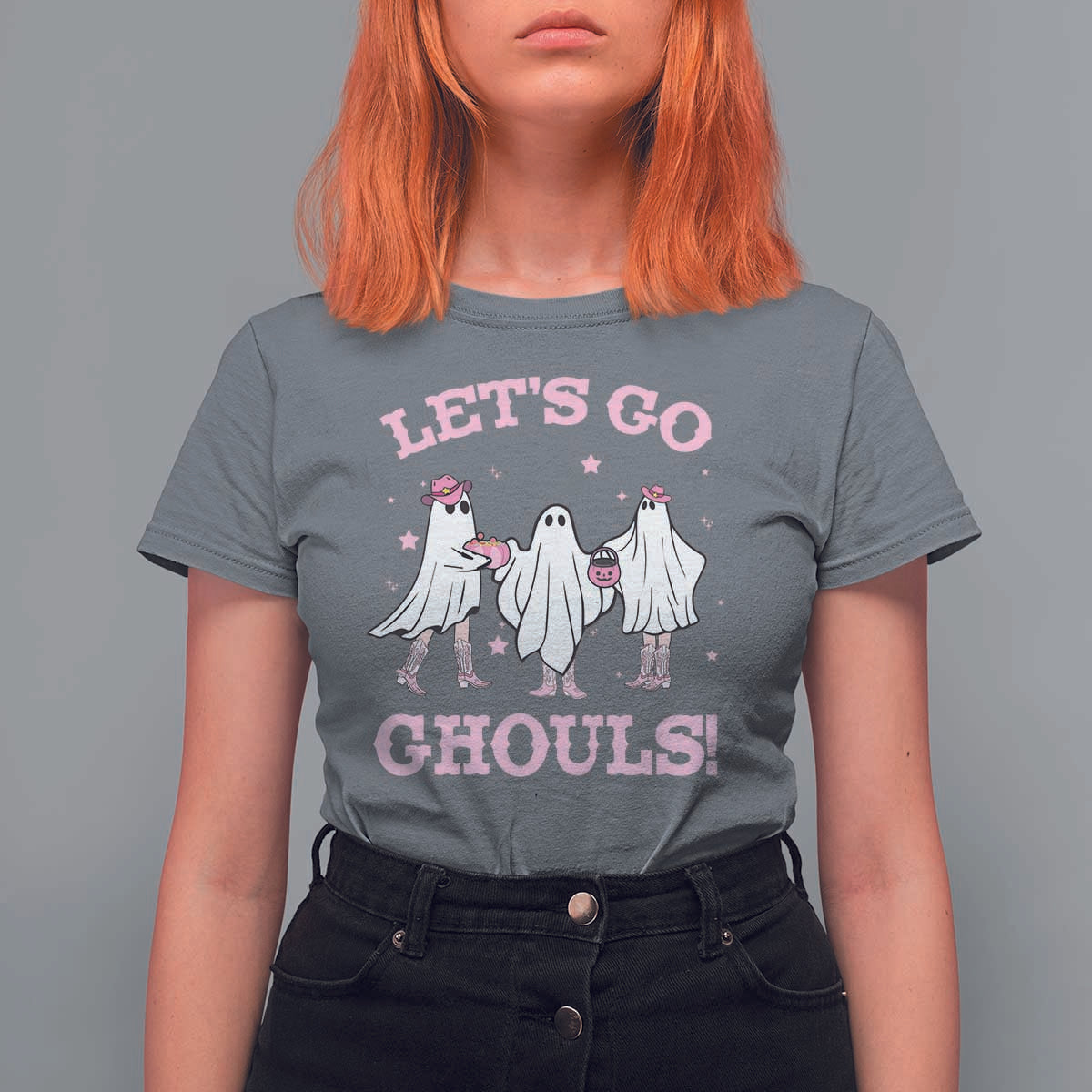 Funny Halloween T Shirt For Women Let's Go Ghouls Cowgirl Western Ghost - Wonder Print Shop
