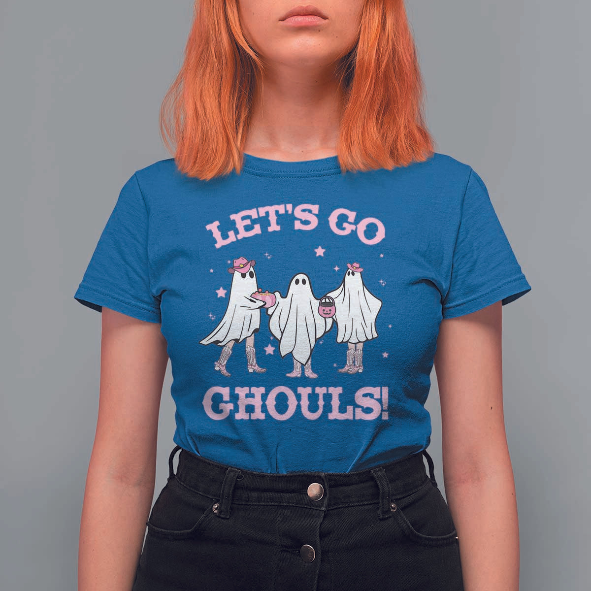 Funny Halloween T Shirt For Women Let's Go Ghouls Cowgirl Western Ghost - Wonder Print Shop
