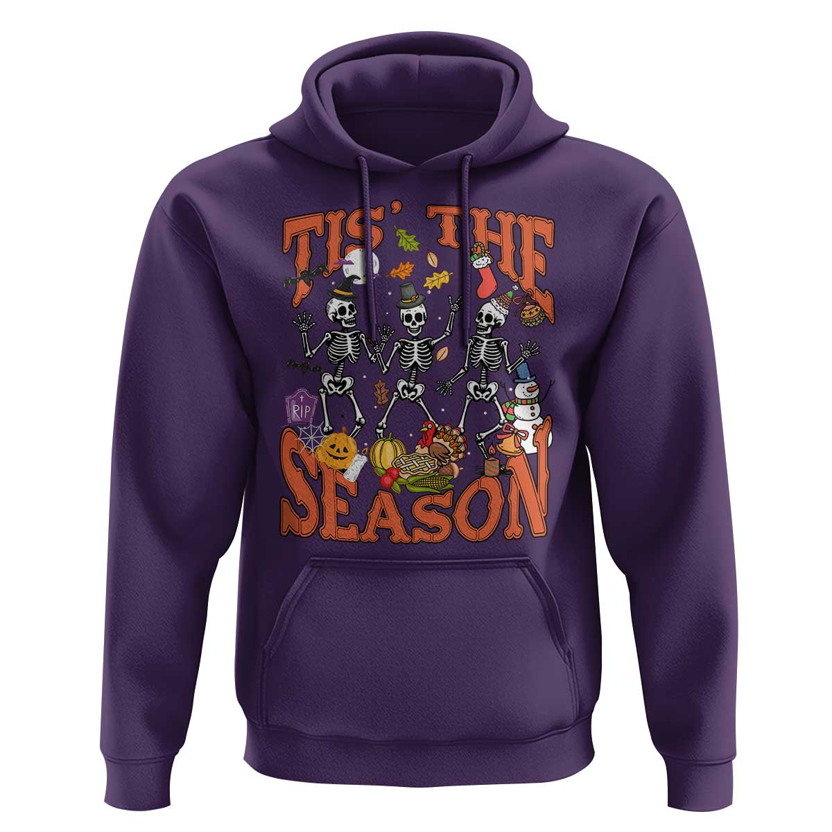 Funny HalloThankMas Hoodie Tis The Season Halloween Thanksgiving Christmas Skeleton