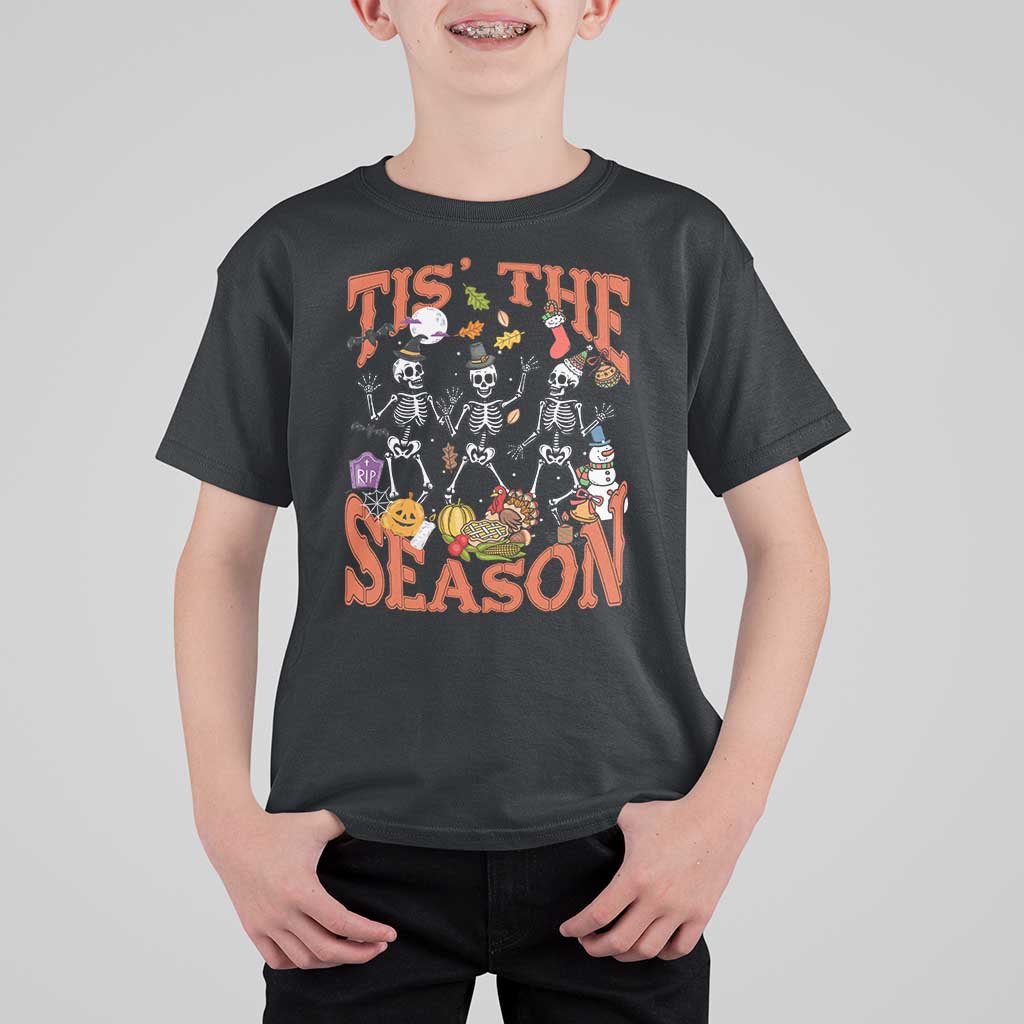 Funny HalloThankMas T Shirt For Kid Tis The Season Halloween Thanksgiving Christmas Skeleton - Wonder Print Shop