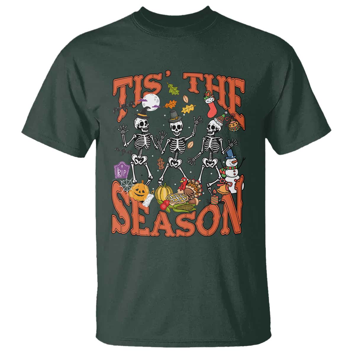 Funny HalloThankMas T Shirt Tis The Season Halloween Thanksgiving Christmas Skeleton - Wonder Print Shop