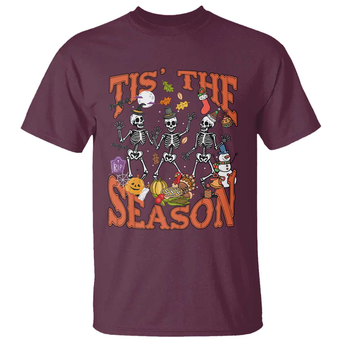 Funny HalloThankMas T Shirt Tis The Season Halloween Thanksgiving Christmas Skeleton - Wonder Print Shop