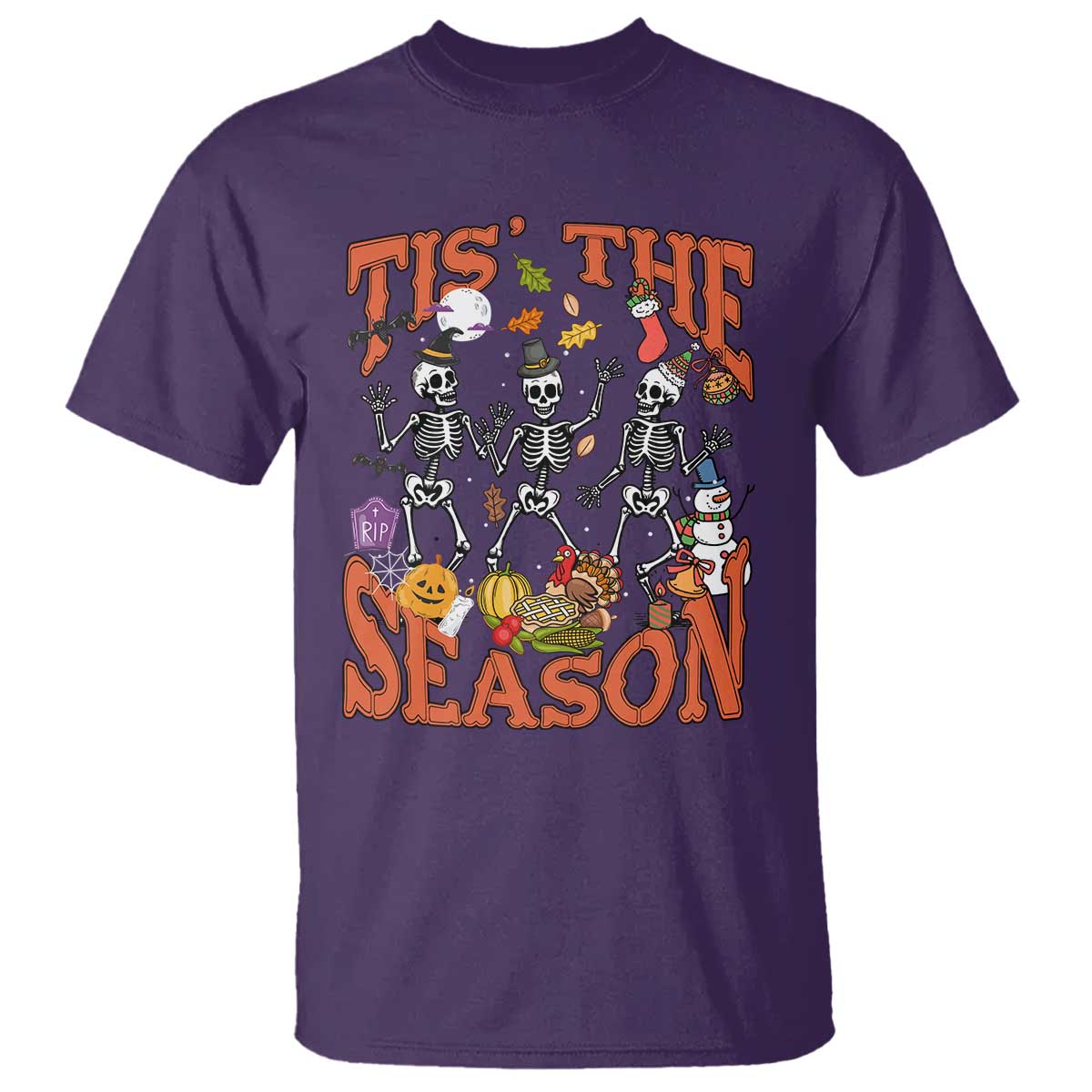 Funny HalloThankMas T Shirt Tis The Season Halloween Thanksgiving Christmas Skeleton - Wonder Print Shop