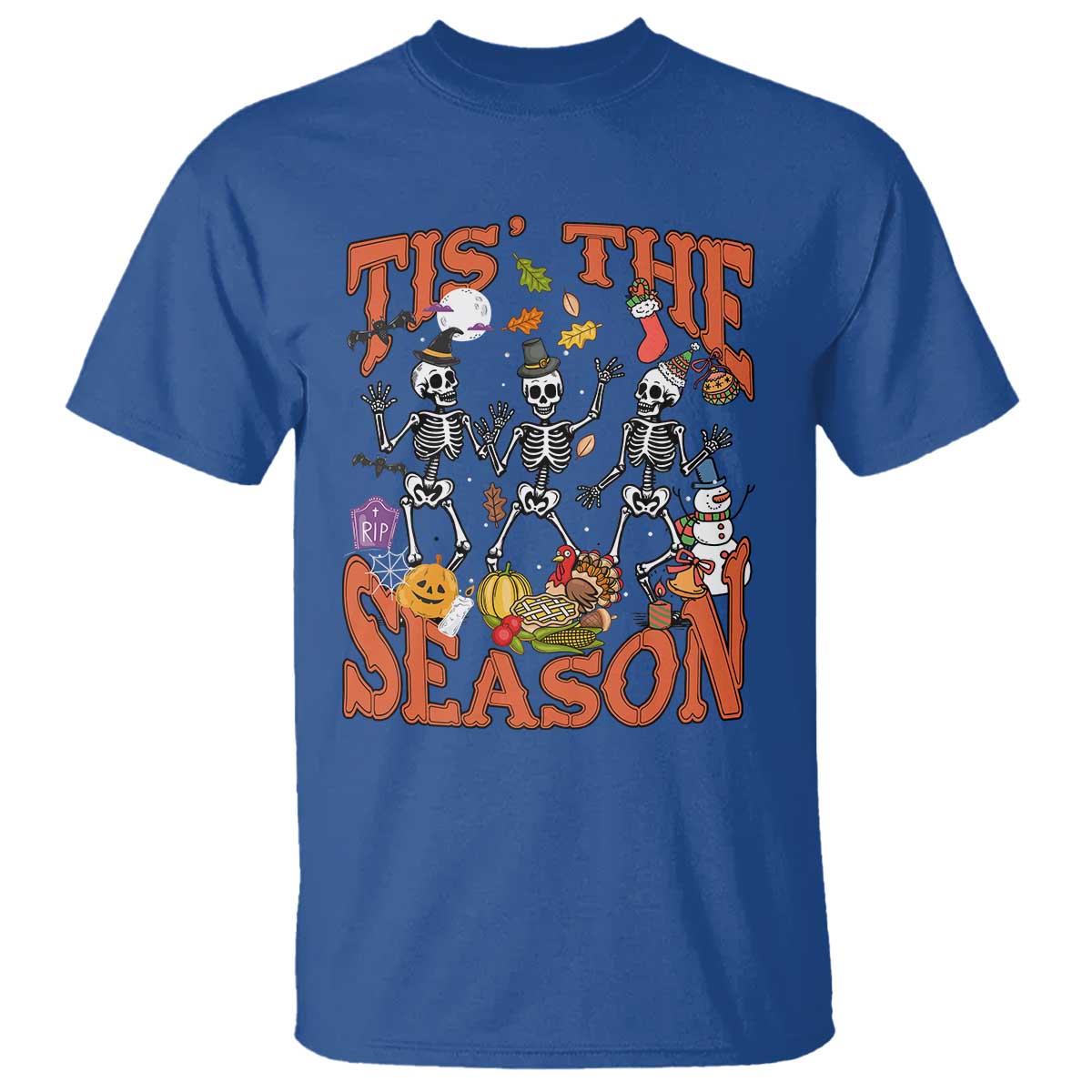 Funny HalloThankMas T Shirt Tis The Season Halloween Thanksgiving Christmas Skeleton - Wonder Print Shop