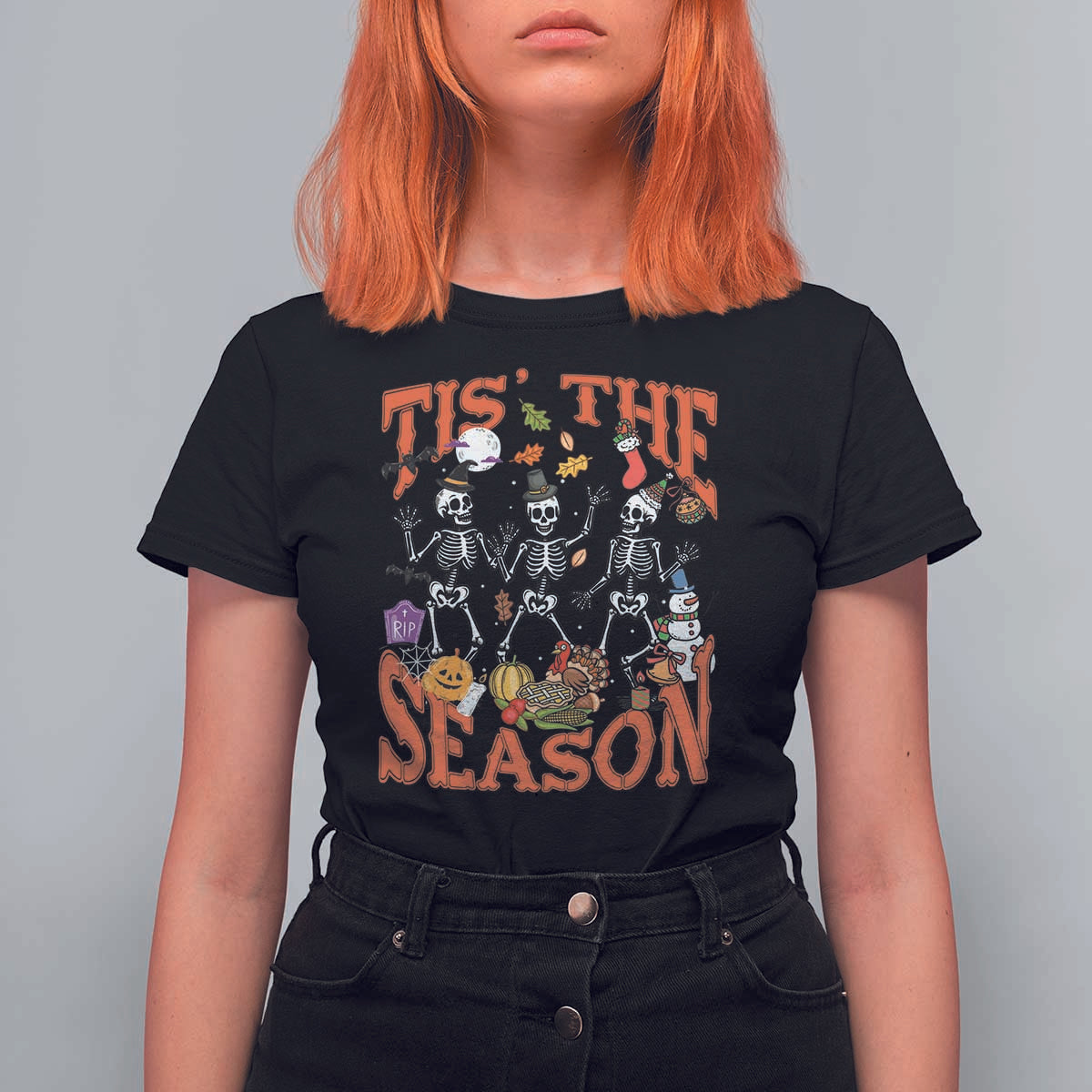 Funny HalloThankMas T Shirt For Women Tis The Season Halloween Thanksgiving Christmas Skeleton - Wonder Print Shop