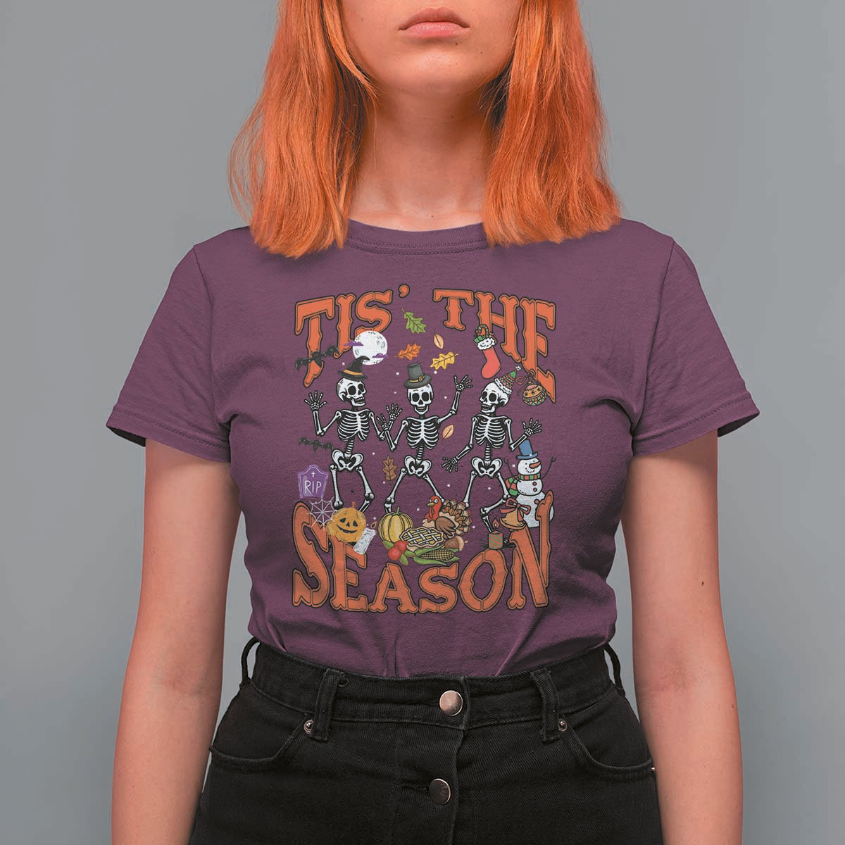 Funny HalloThankMas T Shirt For Women Tis The Season Halloween Thanksgiving Christmas Skeleton - Wonder Print Shop