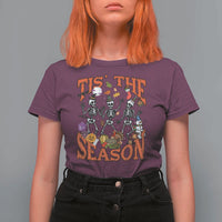Funny HalloThankMas T Shirt For Women Tis The Season Halloween Thanksgiving Christmas Skeleton - Wonder Print Shop