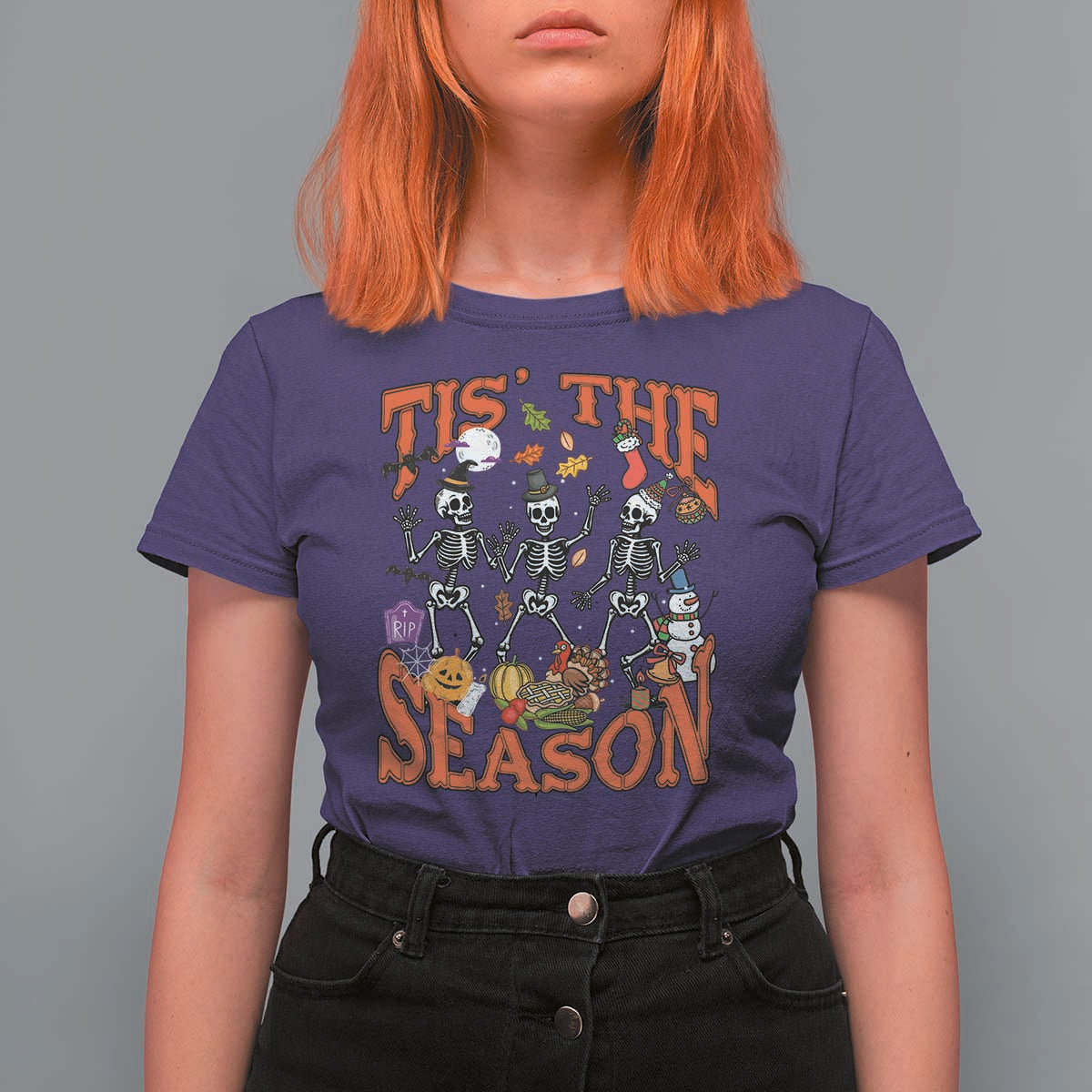 Funny HalloThankMas T Shirt For Women Tis The Season Halloween Thanksgiving Christmas Skeleton - Wonder Print Shop