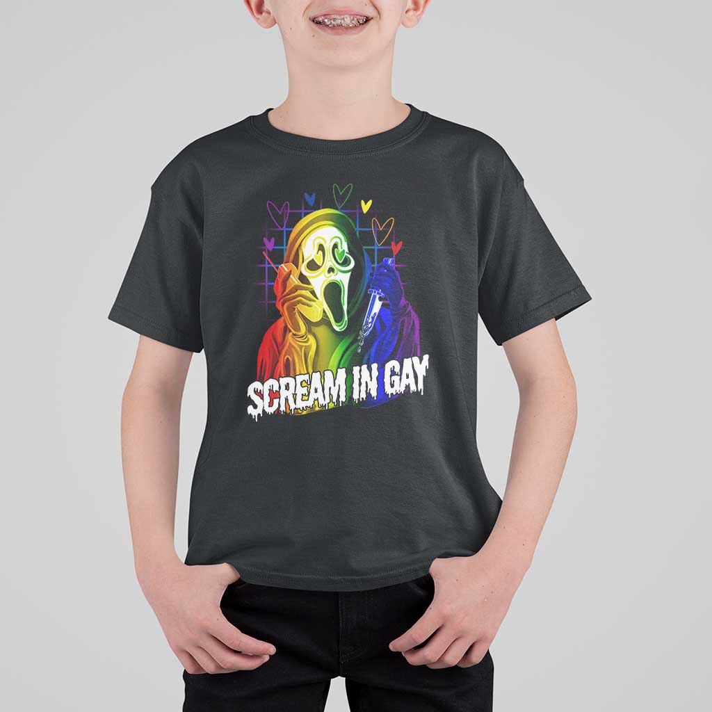 Halloween LGBT T Shirt For Kid Scream In Gay Ghost Murderer Rainbow - Wonder Print Shop