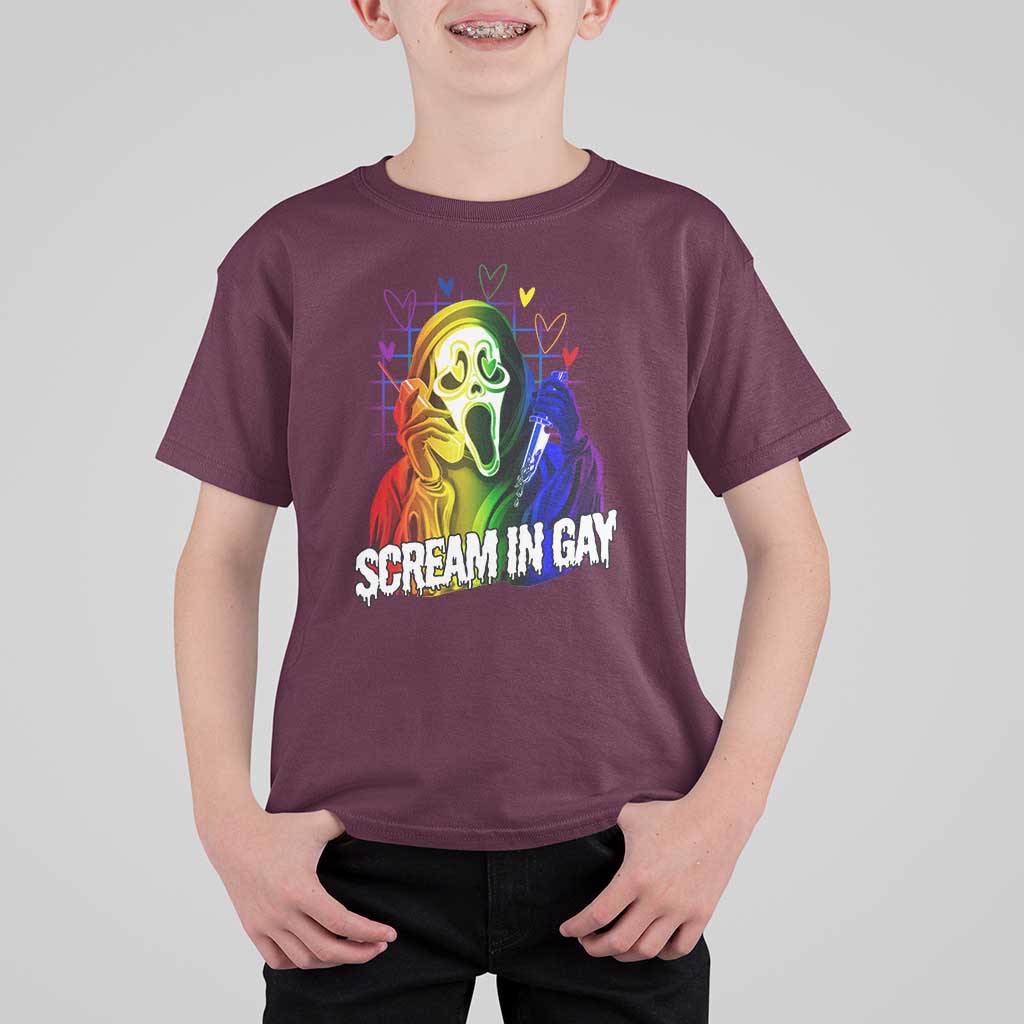Halloween LGBT T Shirt For Kid Scream In Gay Ghost Murderer Rainbow - Wonder Print Shop