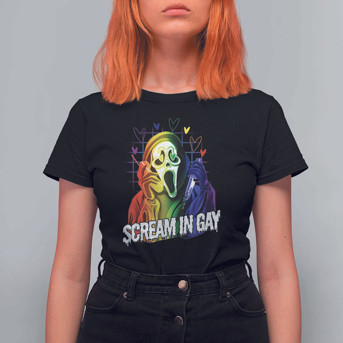 Halloween LGBT T Shirt For Women Scream In Gay Ghost Murderer Rainbow - Wonder Print Shop