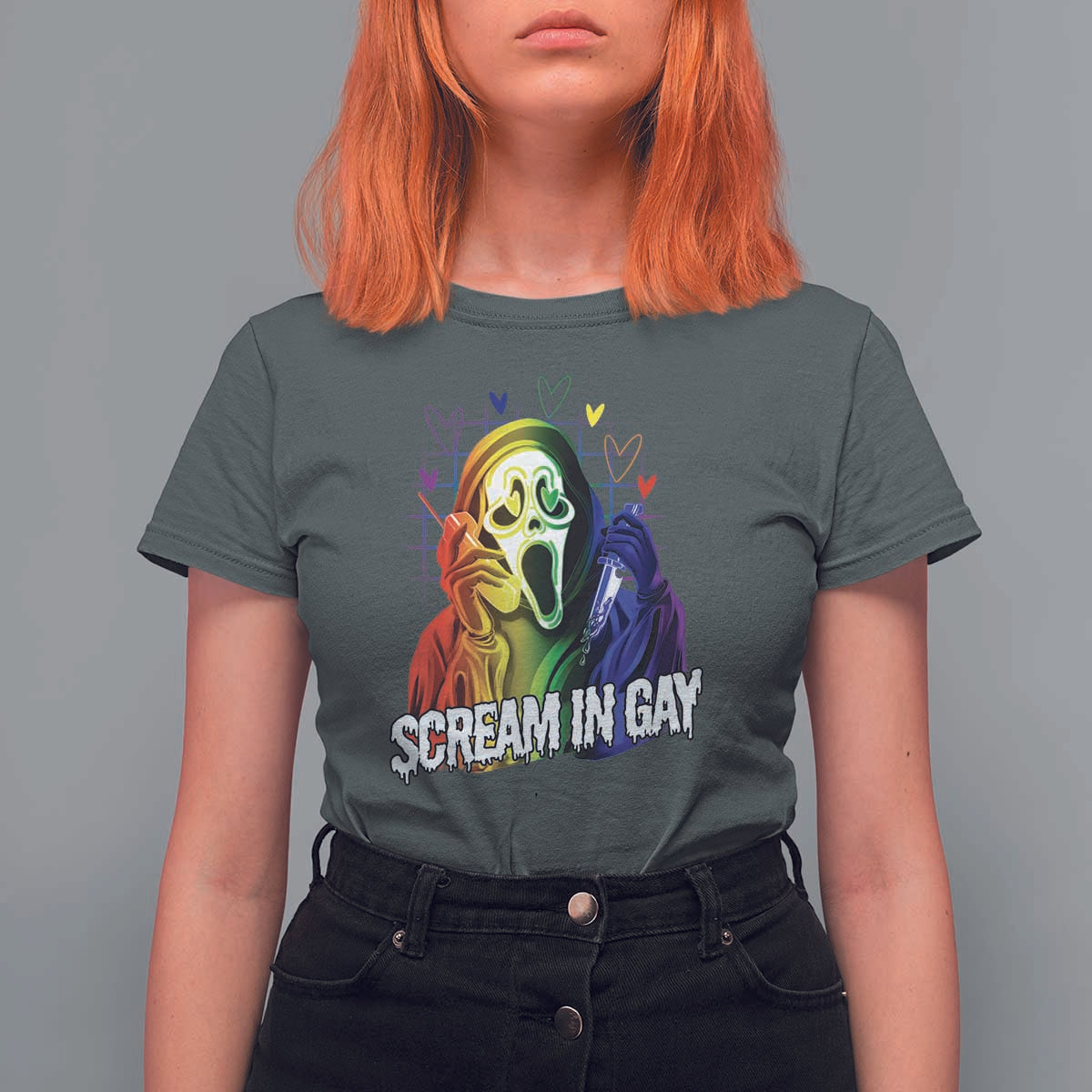 Halloween LGBT T Shirt For Women Scream In Gay Ghost Murderer Rainbow - Wonder Print Shop