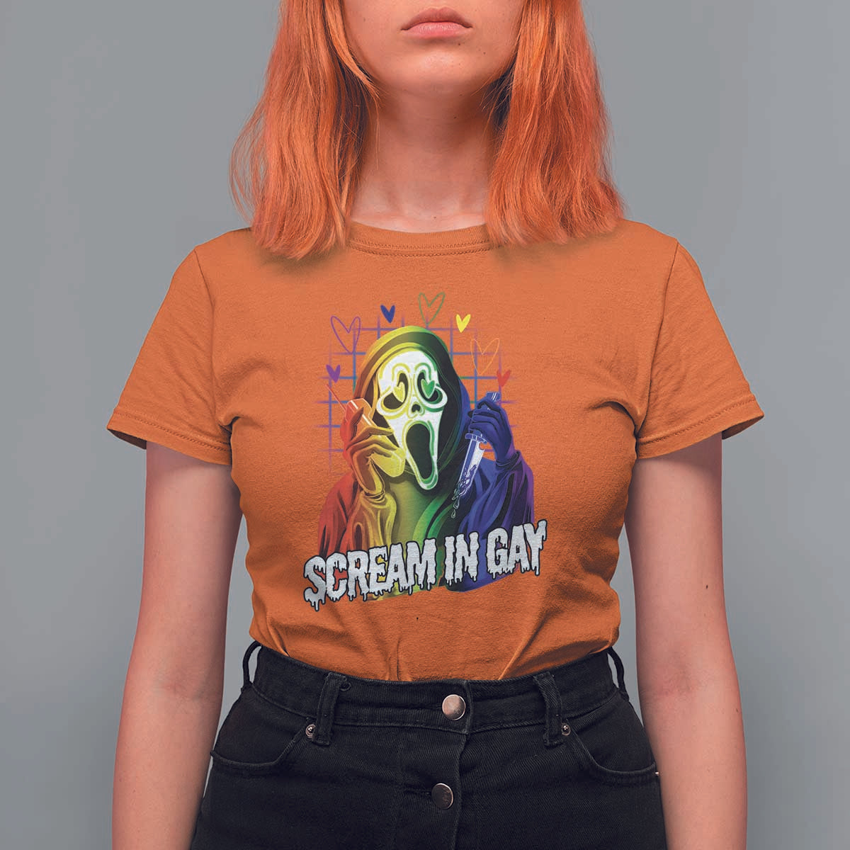 Halloween LGBT T Shirt For Women Scream In Gay Ghost Murderer Rainbow - Wonder Print Shop